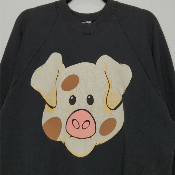 Vintage Pig Art Nature Portrait Raglan Crewneck Sweatshirt Black Earth Farm - Picture 2 of 4